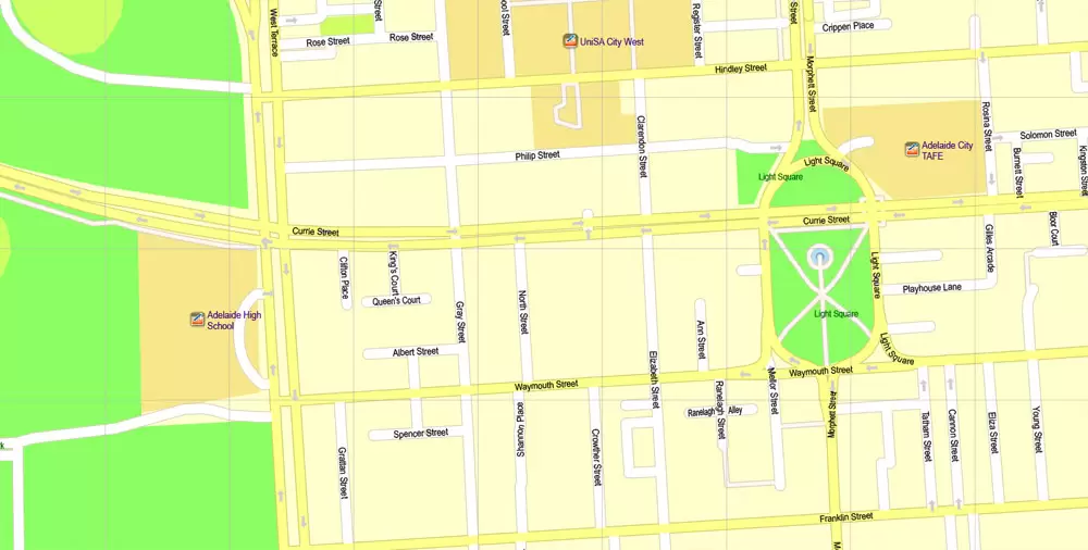 Adelaide Metro Area, Australia, Printable vector street map, fully editable, Adobe Illustrator, 100 meters scale, full vector, scalable, editable, text format of street names, 26 Mb ZIP.