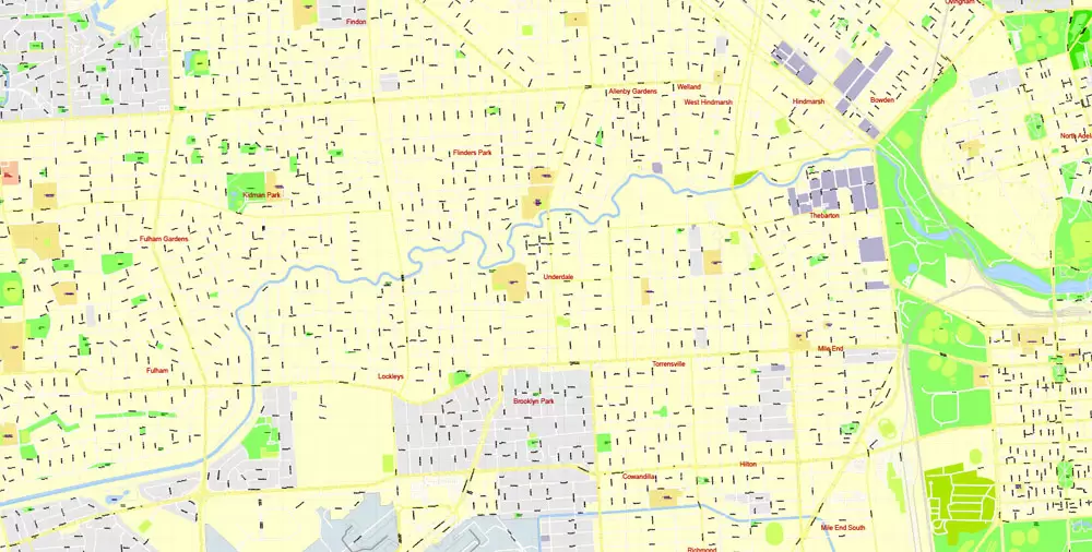 Adelaide Metro Area, Australia, Printable vector street map, fully editable, Adobe Illustrator, 100 meters scale, full vector, scalable, editable, text format of street names, 26 Mb ZIP.
