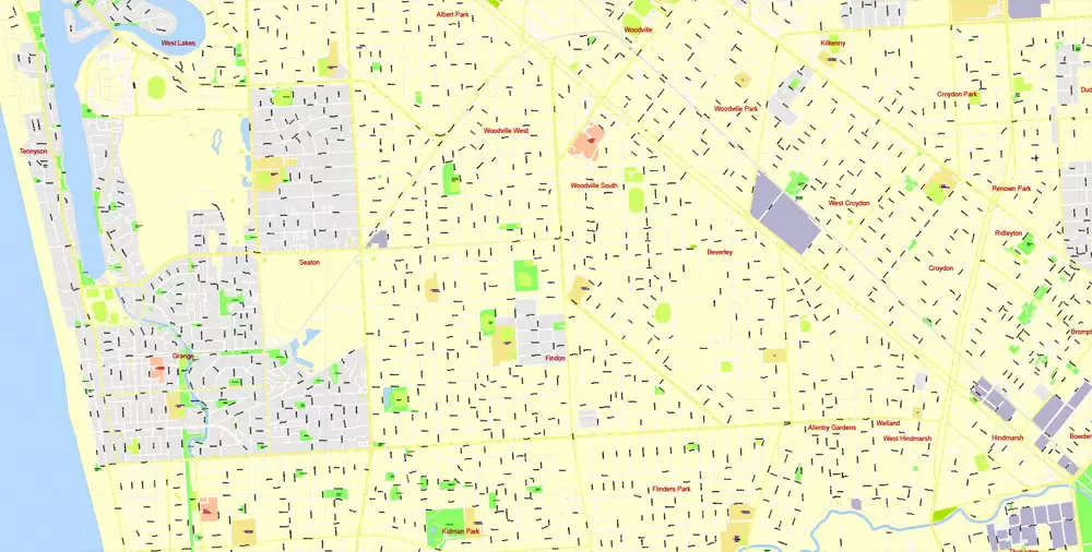 Adelaide Metro Area, Australia, Printable vector street map, fully editable, Adobe Illustrator, 100 meters scale, full vector, scalable, editable, text format of street names, 26 Mb ZIP.