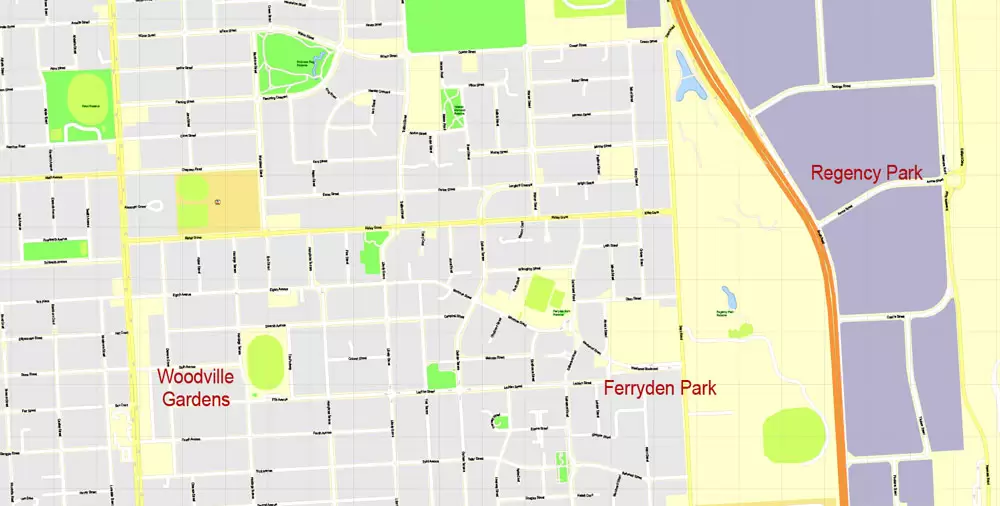Adelaide Metro Area, Australia, Printable vector street map, fully editable, Adobe Illustrator, 100 meters scale, full vector, scalable, editable, text format of street names, 26 Mb ZIP.