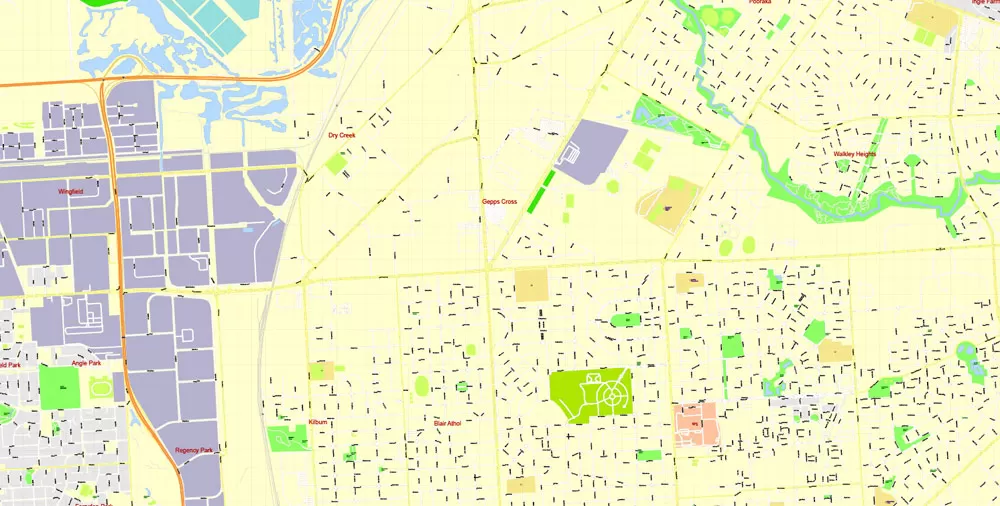 Adelaide Metro Area, Australia, Printable vector street map, fully editable, Adobe Illustrator, 100 meters scale, full vector, scalable, editable, text format of street names, 26 Mb ZIP.