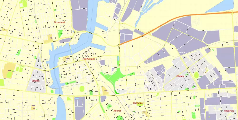Adelaide Metro Area, Australia, Printable vector street map, fully editable, Adobe Illustrator, 100 meters scale, full vector, scalable, editable, text format of street names, 26 Mb ZIP.