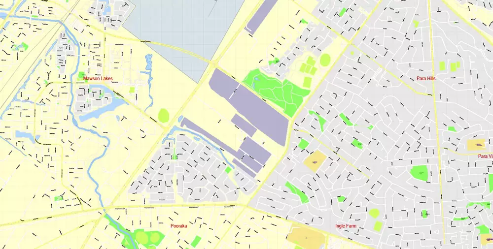 Adelaide Metro Area, Australia, Printable vector street map, fully editable, Adobe Illustrator, 100 meters scale, full vector, scalable, editable, text format of street names, 26 Mb ZIP.