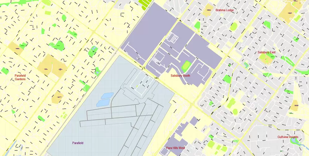 Adelaide Metro Area, Australia, Printable vector street map, fully editable, Adobe Illustrator, 100 meters scale, full vector, scalable, editable, text format of street names, 26 Mb ZIP.