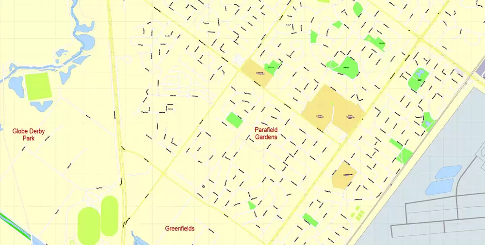 Adelaide Metro Area, Australia, Printable vector street map, fully editable, Adobe Illustrator, 100 meters scale, full vector, scalable, editable, text format of street names, 26 Mb ZIP.