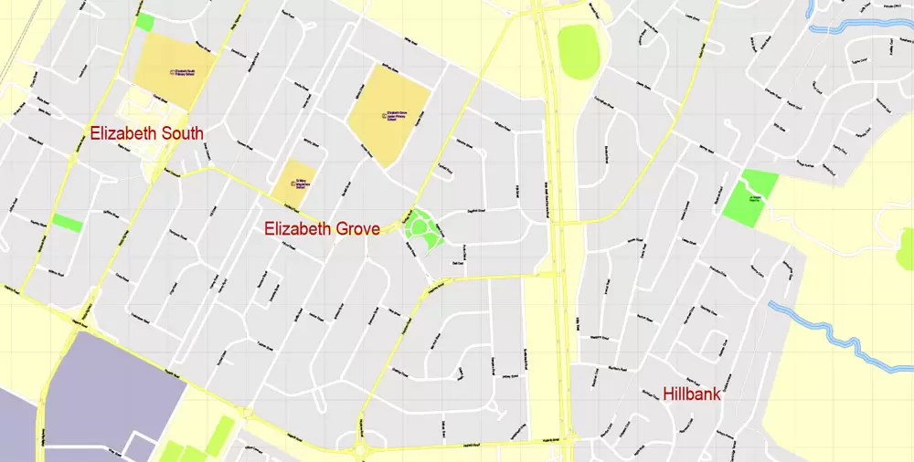 Adelaide Metro Area, Australia, Printable vector street map, fully editable, Adobe Illustrator, 100 meters scale, full vector, scalable, editable, text format of street names, 26 Mb ZIP.