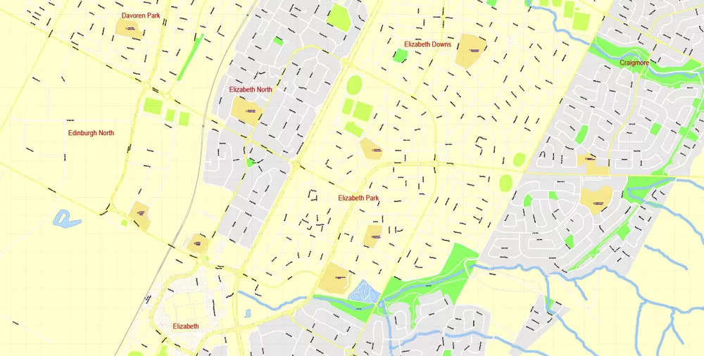 Adelaide Metro Area, Australia, Printable vector street map, fully editable, Adobe Illustrator, 100 meters scale, full vector, scalable, editable, text format of street names, 26 Mb ZIP.