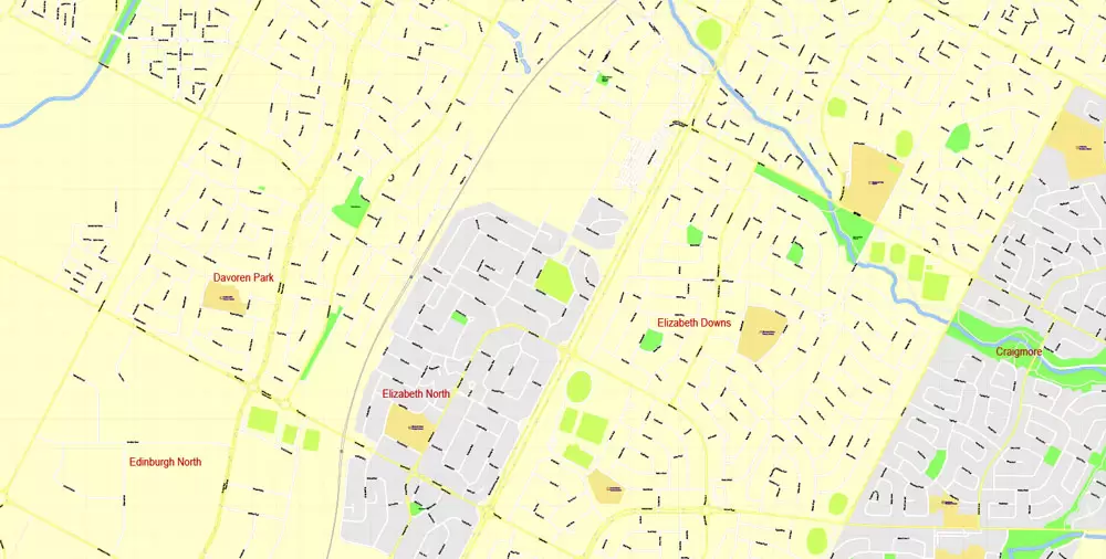 Adelaide Metro Area, Australia, Printable vector street map, fully editable, Adobe Illustrator, 100 meters scale, full vector, scalable, editable, text format of street names, 26 Mb ZIP.