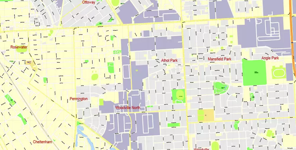 Adelaide Metro Area, Australia, Printable vector street map, fully editable, Adobe Illustrator, 100 meters scale, full vector, scalable, editable, text format of street names, 26 Mb ZIP.