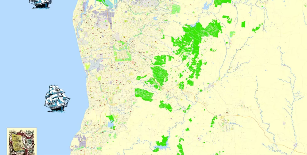 Adelaide Metro Area, Australia, Printable vector street map, fully editable, Adobe Illustrator, 100 meters scale, full vector, scalable, editable, text format of street names, 26 Mb ZIP.