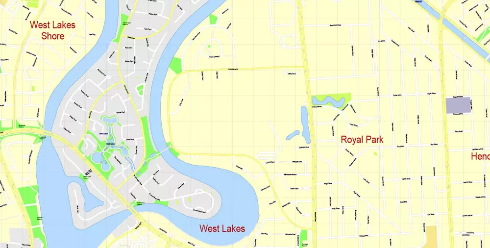 Adelaide Metro Area, Australia, Printable vector street map, fully editable, Adobe Illustrator, 100 meters scale, full vector, scalable, editable, text format of street names, 26 Mb ZIP.