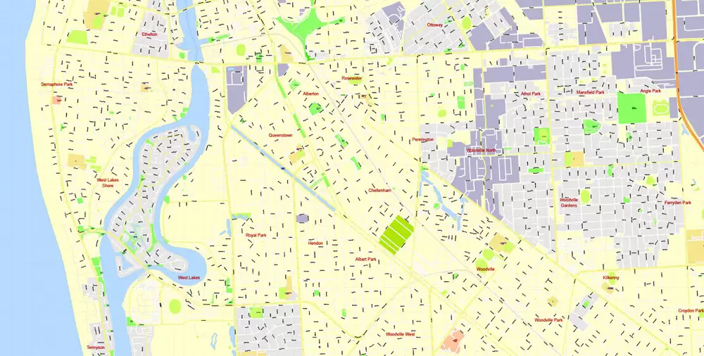 Adelaide Metro Area, Australia, Printable vector street map, fully editable, Adobe Illustrator, 100 meters scale, full vector, scalable, editable, text format of street names, 26 Mb ZIP.