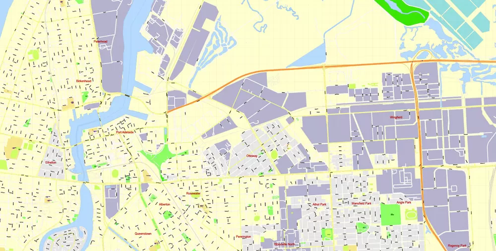 Adelaide Metro Area, Australia, Printable vector street map, fully editable, Adobe Illustrator, 100 meters scale, full vector, scalable, editable, text format of street names, 26 Mb ZIP.