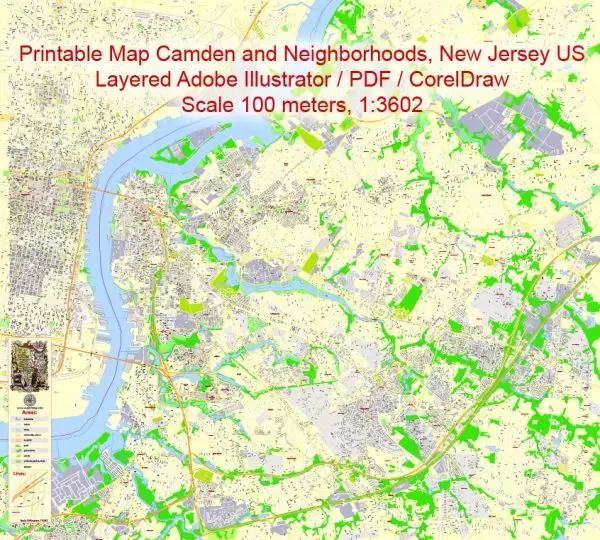 Printable Map Camden and neighborhoods, New Jersey US, exact vector City Plan Map street G-View Level 17 (100 meters scale 1:3602) full editable, Adobe Illustrator