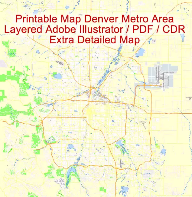 Printable Vector Map Denver metro area, Colorado US, exact vector Map street G-View City Plan Level 17 (100 meters scale) full editable, Adobe Illustrator