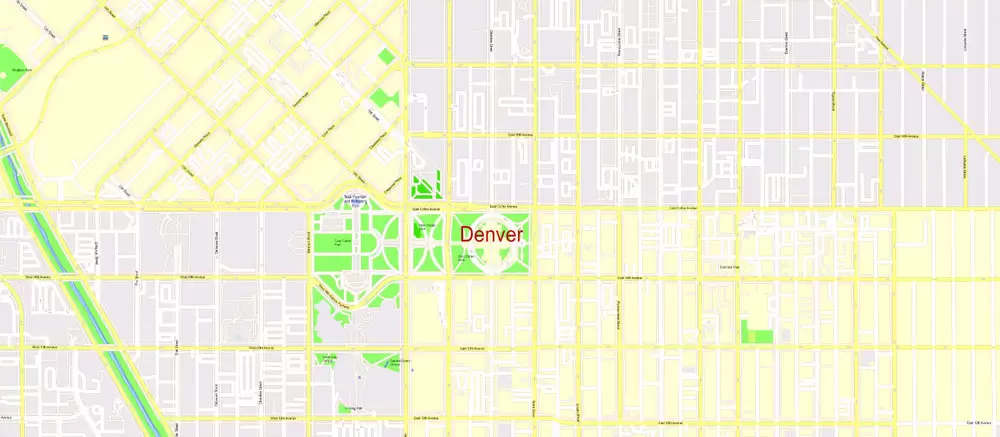 Printable Vector Map Denver metro area, Colorado US, exact vector Map street G-View City Plan Level 17 (100 meters scale) full editable, Adobe Illustrator