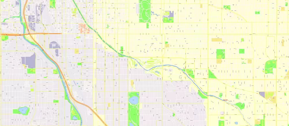 Printable Vector Map Denver metro area, Colorado US, exact vector Map street G-View City Plan Level 17 (100 meters scale) full editable, Adobe Illustrator