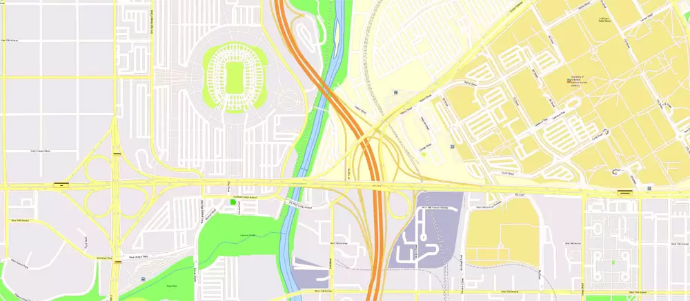 Printable Vector Map Denver metro area, Colorado US, exact vector Map street G-View City Plan Level 17 (100 meters scale) full editable, Adobe Illustrator