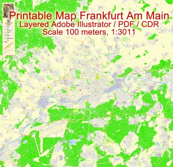 Printable Vector Map Frankfurt Am Main Metro Area, Germany, G-View level 17 (100 m scale) street City Plan map, full editable, Adobe Illustrator