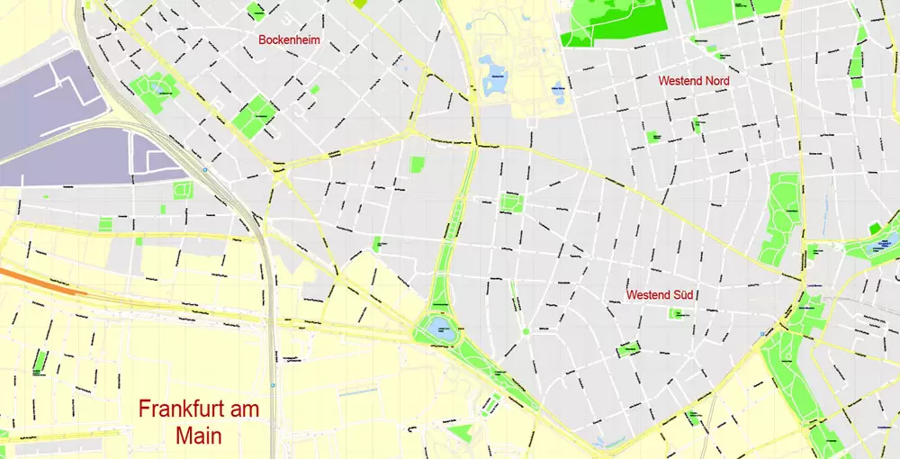 Printable Vector Map Frankfurt Am Main Metro Area, Germany, G-View level 17 (100 m scale) street City Plan map, full editable, Adobe Illustrator