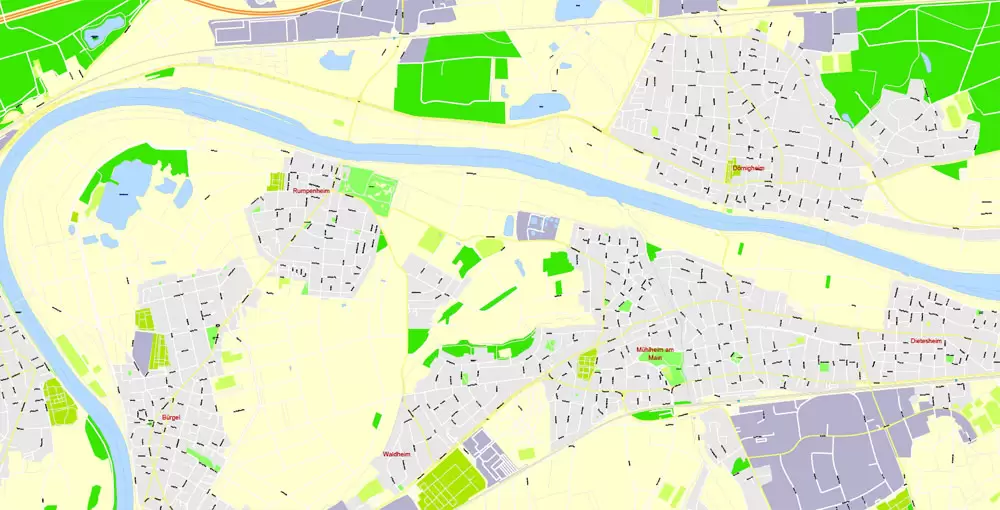 Printable Vector Map Frankfurt Am Main Metro Area, Germany, G-View level 17 (100 m scale) street City Plan map, full editable, Adobe Illustrator