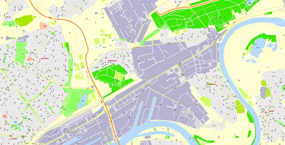 Printable Vector Map Frankfurt Am Main Metro Area, Germany, G-View level 17 (100 m scale) street City Plan map, full editable, Adobe Illustrator