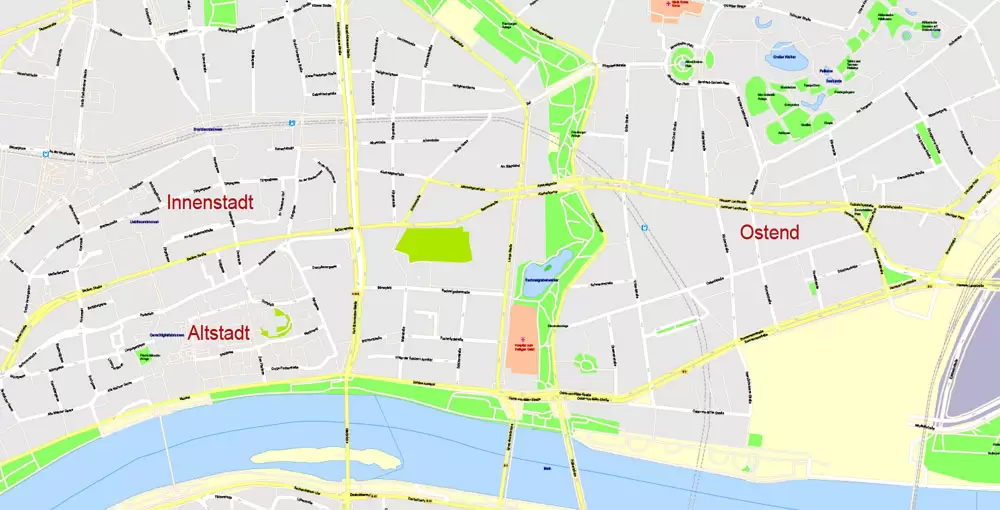 Printable Vector Map Frankfurt Am Main Metro Area, Germany, G-View level 17 (100 m scale) street City Plan map, full editable, Adobe Illustrator