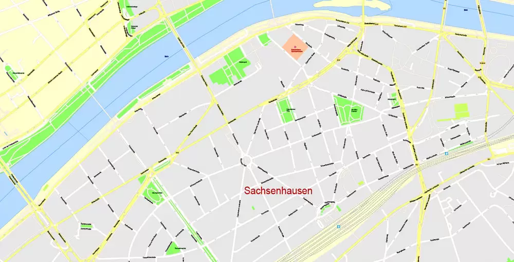 Printable Vector Map Frankfurt Am Main Metro Area, Germany, G-View level 17 (100 m scale) street City Plan map, full editable, Adobe Illustrator