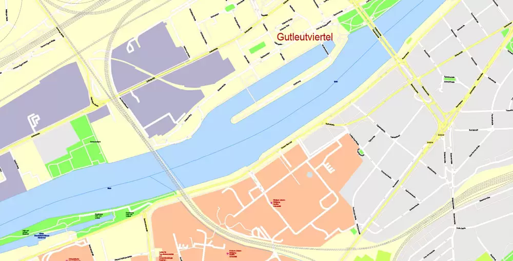 Printable Vector Map Frankfurt Am Main Metro Area, Germany, G-View level 17 (100 m scale) street City Plan map, full editable, Adobe Illustrator
