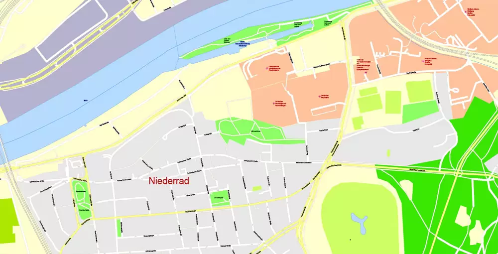 Printable Vector Map Frankfurt Am Main Metro Area, Germany, G-View level 17 (100 m scale) street City Plan map, full editable, Adobe Illustrator