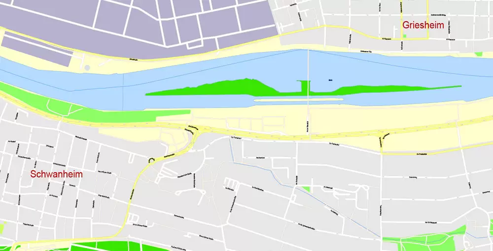 Printable Vector Map Frankfurt Am Main Metro Area, Germany, G-View level 17 (100 m scale) street City Plan map, full editable, Adobe Illustrator