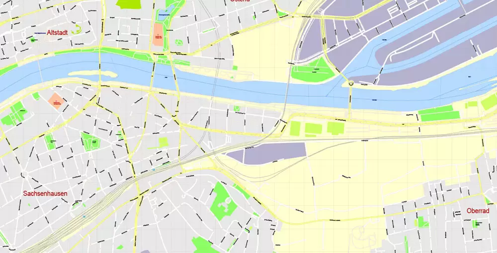Printable Vector Map Frankfurt Am Main Metro Area, Germany, G-View level 17 (100 m scale) street City Plan map, full editable, Adobe Illustrator