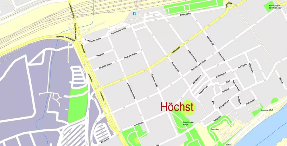 Printable Vector Map Frankfurt Am Main Metro Area, Germany, G-View level 17 (100 m scale) street City Plan map, full editable, Adobe Illustrator