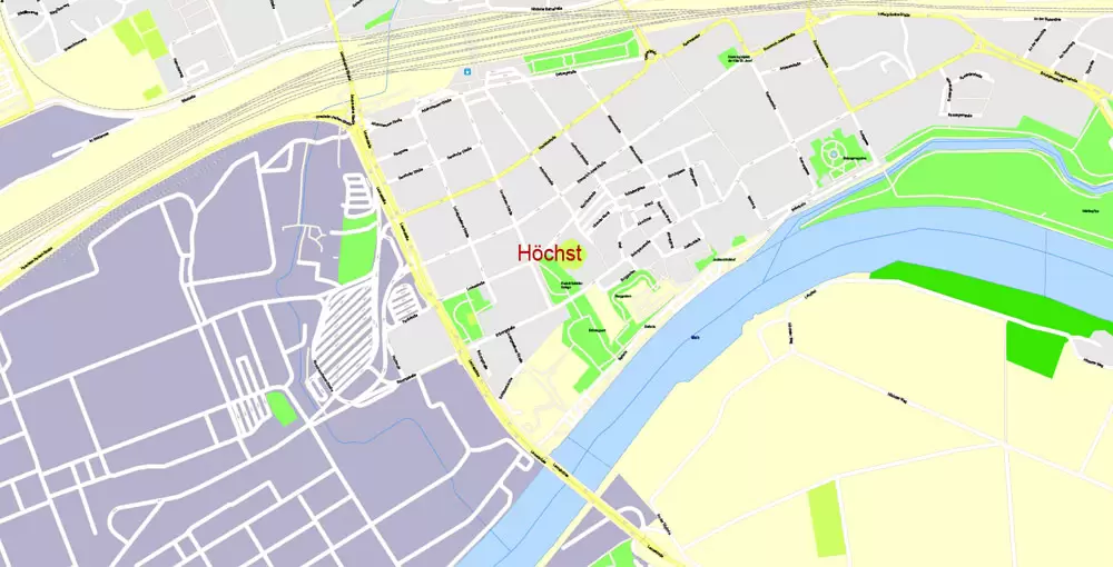 Printable Vector Map Frankfurt Am Main Metro Area, Germany, G-View level 17 (100 m scale) street City Plan map, full editable, Adobe Illustrator
