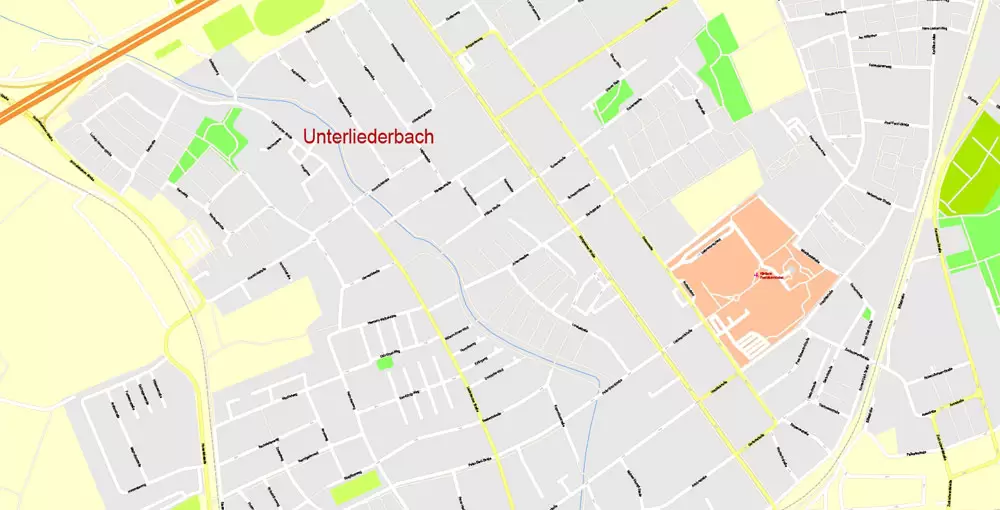 Printable Vector Map Frankfurt Am Main Metro Area, Germany, G-View level 17 (100 m scale) street City Plan map, full editable, Adobe Illustrator