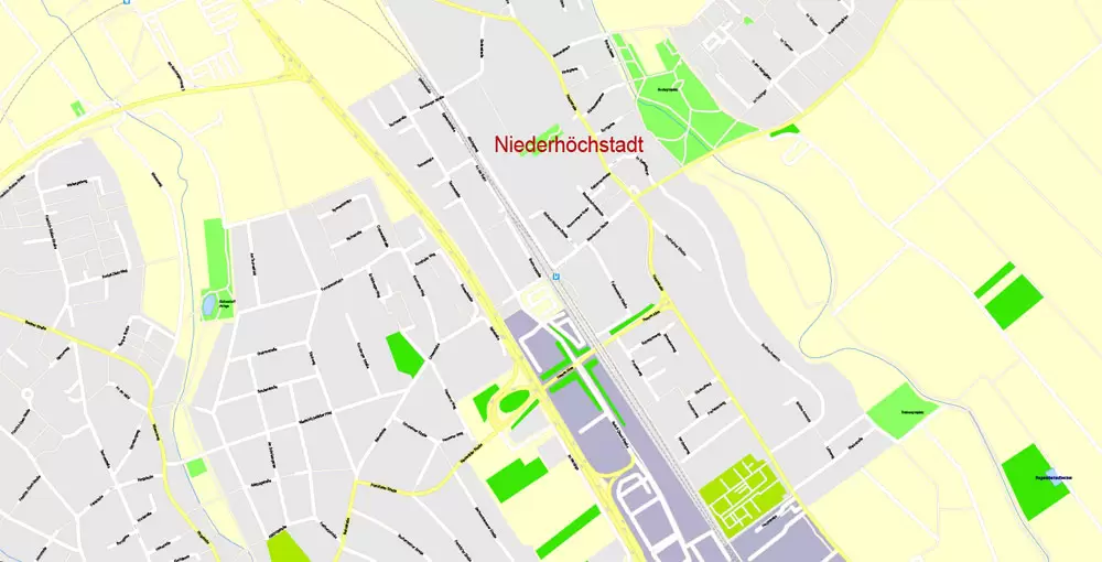 Printable Vector Map Frankfurt Am Main Metro Area, Germany, G-View level 17 (100 m scale) street City Plan map, full editable, Adobe Illustrator