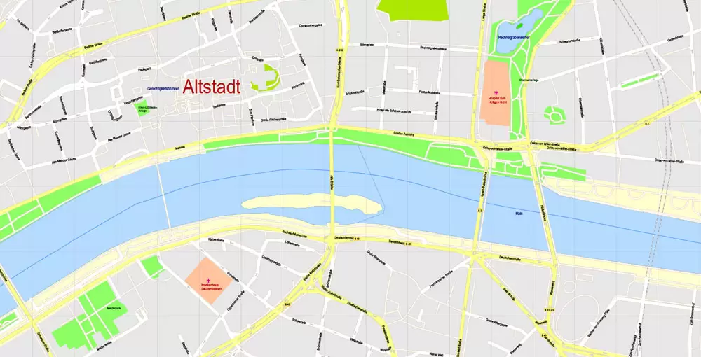 Printable Vector Map Frankfurt Am Main Metro Area, Germany, G-View level 17 (100 m scale) street City Plan map, full editable, Adobe Illustrator
