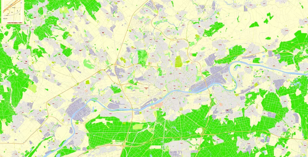 Printable Vector Map Frankfurt Am Main Metro Area, Germany, G-View level 17 (100 m scale) street City Plan map, full editable, Adobe Illustrator