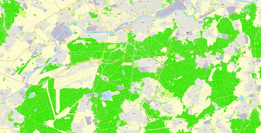 Printable Vector Map Frankfurt Am Main Metro Area, Germany, G-View level 17 (100 m scale) street City Plan map, full editable, Adobe Illustrator