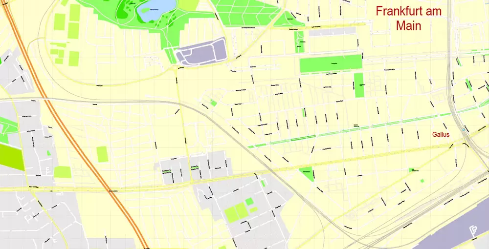 Printable Vector Map Frankfurt Am Main Metro Area, Germany, G-View level 17 (100 m scale) street City Plan map, full editable, Adobe Illustrator