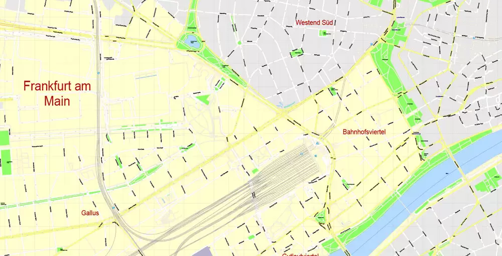 Printable Vector Map Frankfurt Am Main Metro Area, Germany, G-View level 17 (100 m scale) street City Plan map, full editable, Adobe Illustrator