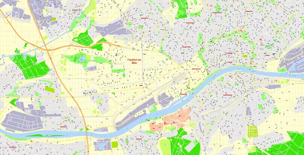 Printable Vector Map Frankfurt Am Main Metro Area, Germany, G-View level 17 (100 m scale) street City Plan map, full editable, Adobe Illustrator