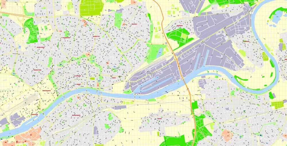 Printable Vector Map Frankfurt Am Main Metro Area, Germany, G-View level 17 (100 m scale) street City Plan map, full editable, Adobe Illustrator