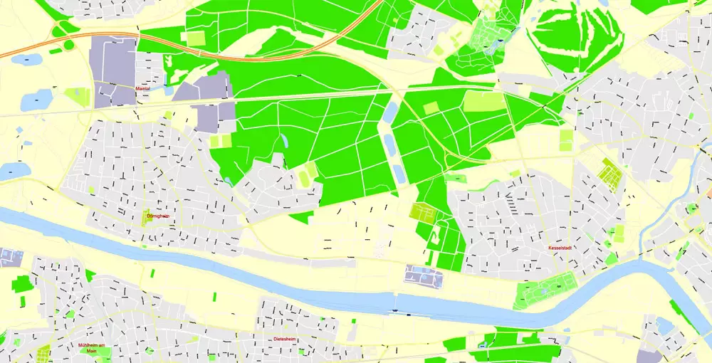 Printable Vector Map Frankfurt Am Main Metro Area, Germany, G-View level 17 (100 m scale) street City Plan map, full editable, Adobe Illustrator
