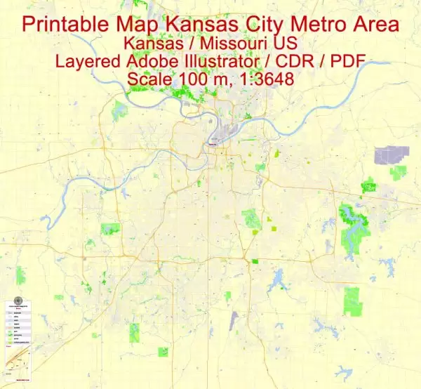 Printable Vector Map Kansas City metro area, Kansas Missouri US, exact vector Map street G-View City Plan Level 17 (100 meters scale) full editable, Adobe Illustrator