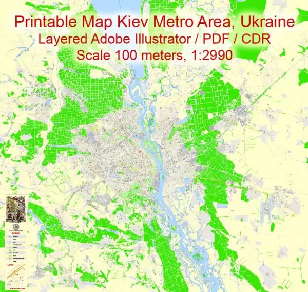 Printable Map Kiev Metro Area, Ukraine, exact vector street G-View Level 17map (100 meters scale, 1:2990), all buildings, full editable, Adobe Illustrator