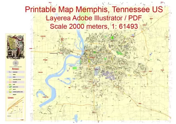 Printable Map Memphis, Tennessee US, exact vector City Plan Map street G-View Level 13 (2000 meters scale) full editable, Adobe Illustrator
