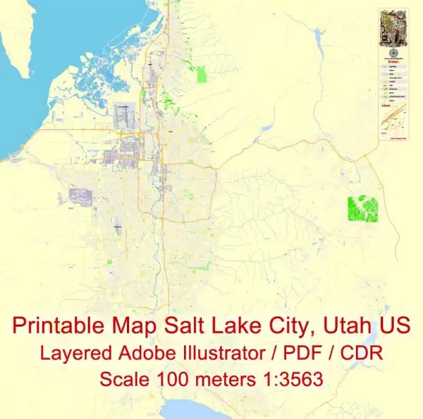 Printable Map Salt Lake City Metro area, Utah US, exact vector City Plan Map street G-View Level 17 (100 meters scale 1:3563) full editable, Adobe Illustrator