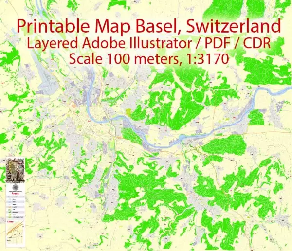 Printable Map Basel Switzerland, exact vector street G-View Level 17 map (100 meters scale, 1:3170), all buildings, full editable, Adobe Illustrator