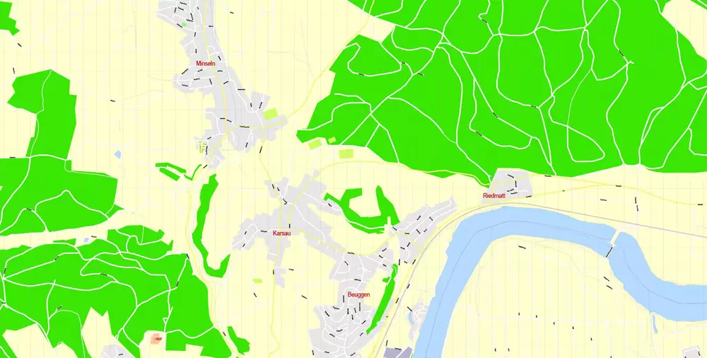 Printable Map Basel Switzerland, exact vector street G-View Level 17 map (100 meters scale, 1:3170), all buildings, full editable, Adobe Illustrator